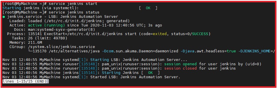 Picture showing the command to start the jenkins service